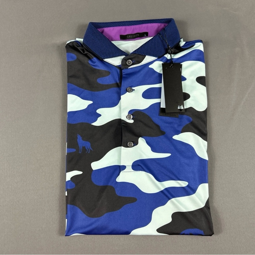 Greyson Golf Shirt Polo Camo Scape Print Large/Medium Blue NWT MSRP $118